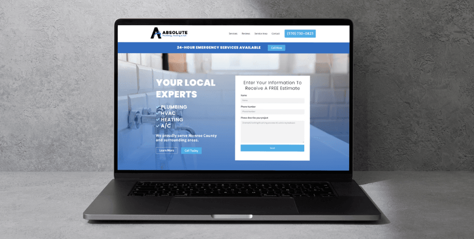 Laptop mockup for website design for Absolute Plumbing.