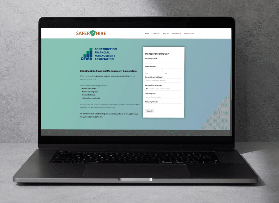Laptop mockup of SaferHire.com/cfma, one of my WordPress subpage design projects.