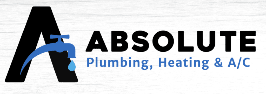 Horizontal version of a logo design for Absolute Plumbing on white wooden background.