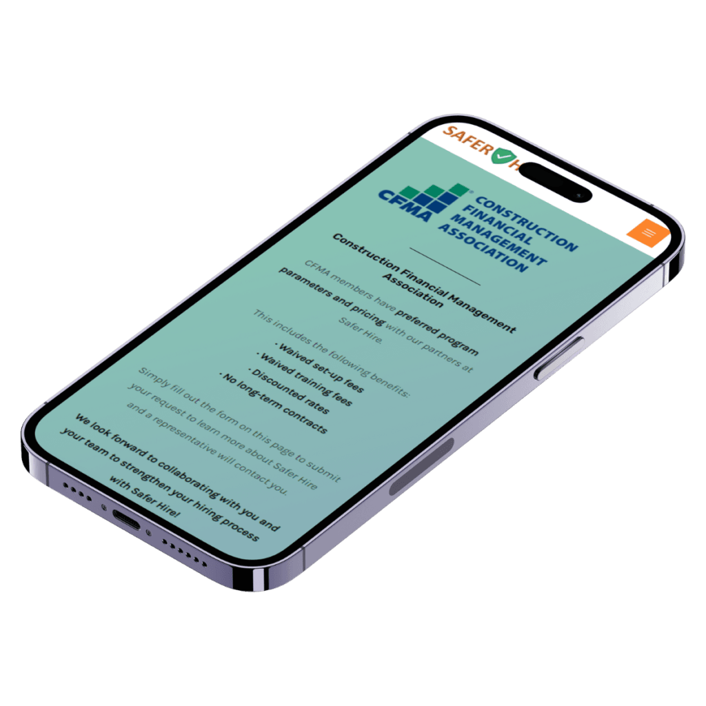 iPhone mockup of SaferHire.com/cfma, one of my WordPress subpage design projects.