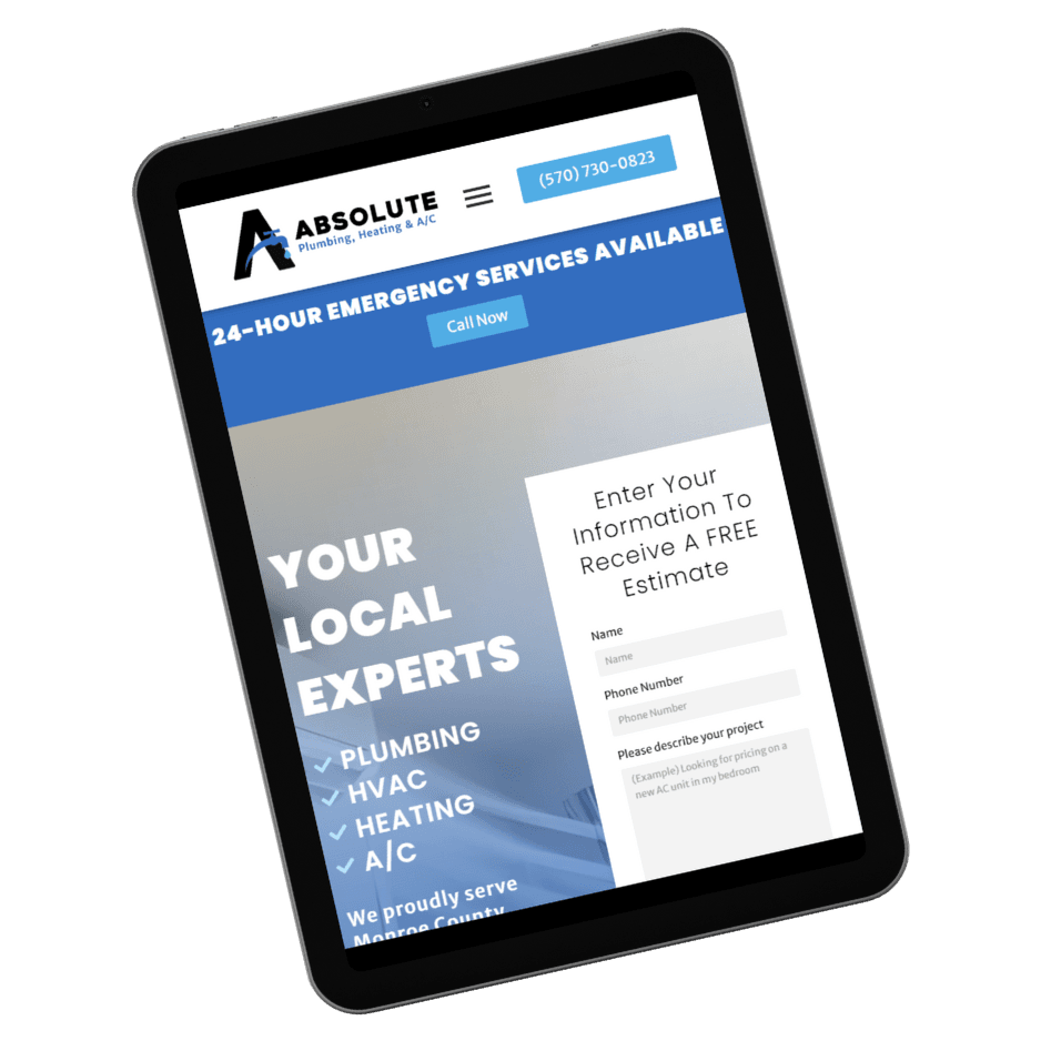 iPad mockup for website design for Absolute Plumbing.