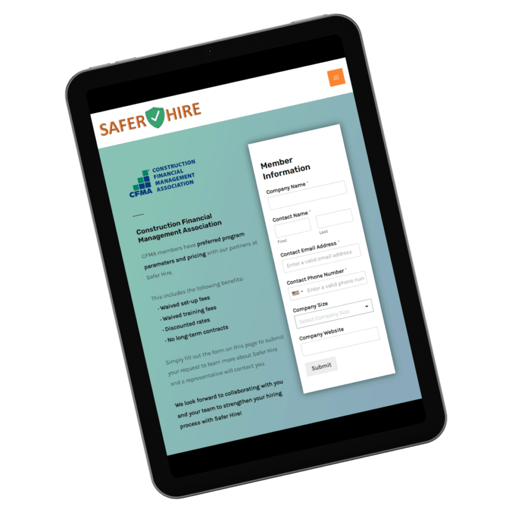 iPad mockup of SaferHire.com/cfma, one of my WordPress subpage design projects.