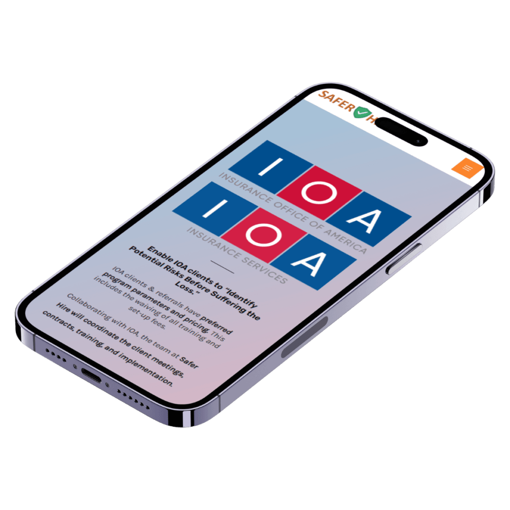 iPhone mockup of SaferHire.com/ioausa, one of my WordPress subpage design projects.
