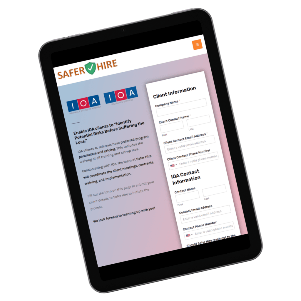 iPad mockup of SaferHire.com/ioausa, one of my WordPress subpage design projects.
