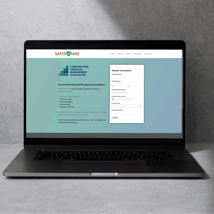 Mockup of saferhire.com/cfma on a laptop screen for my portfolio